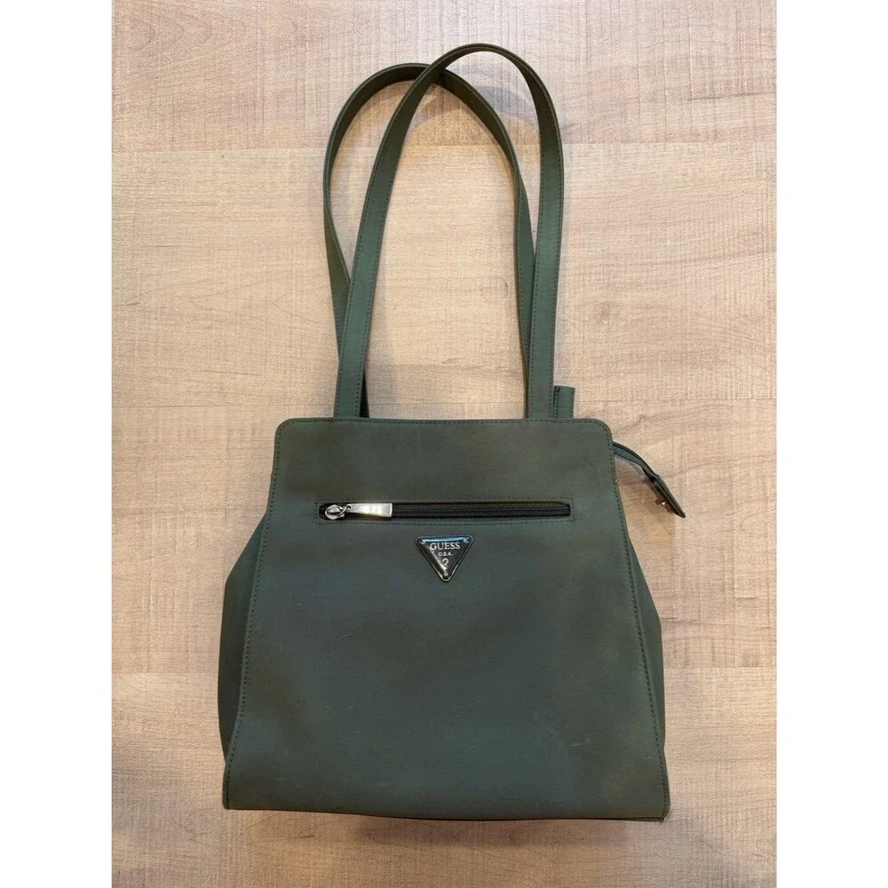 GUESS Forest Green Nylon Tote Bag Shoulder Purse Front Zip Pocket Logo