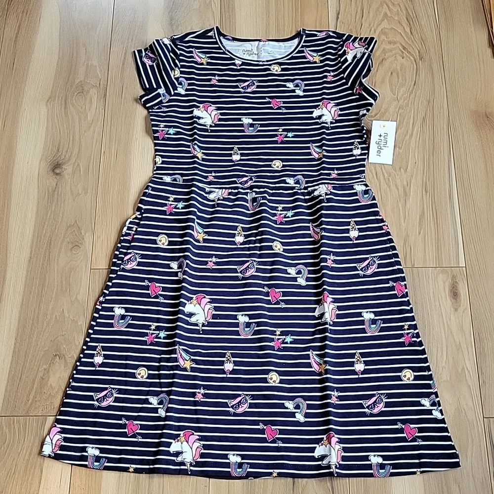 NWT rumi + ryder Girls Skater Dress w/pockets Blue w/white stripes