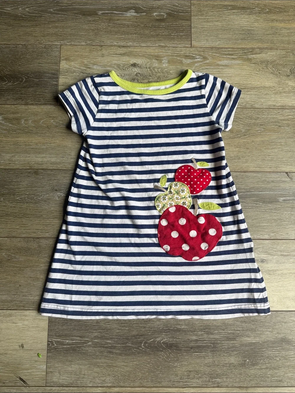 Kelly's Kids Navy & White Striped Dress with Red Apple Appliqués