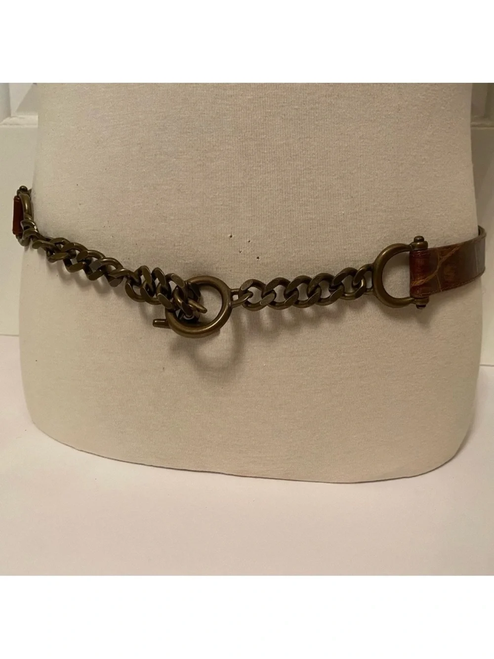SUZI OHER BELT BROWN LEATHER GOLD FOIL EFFECT CROC LOOK CHUNKY BRONZE CHAIN L