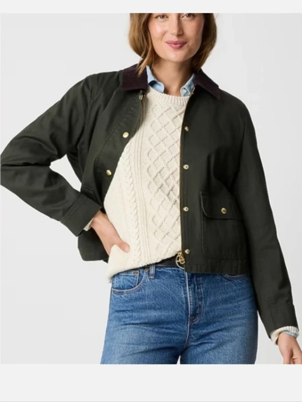 J. Crew Factory Cropped Field Jacket Mossy Green Brown Chore Barn Coat Size M