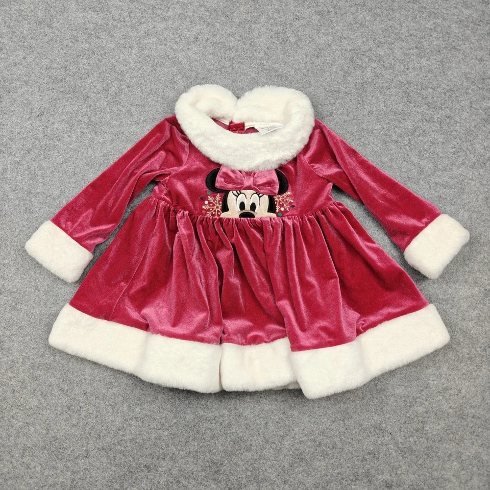 Disney Baby Dress Girls 12-18 Months Pink Minnie Mouse Velour Fur Trim New