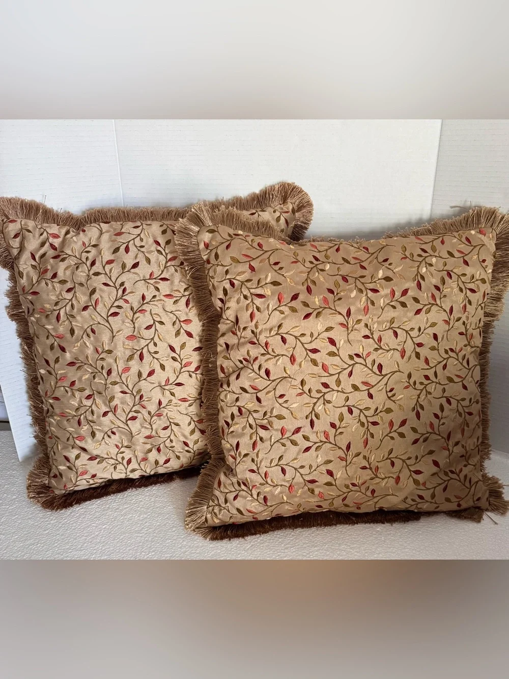 Vintage Traditional Embroidered Silk Throw Pillows with Bullion Fringe Gold tone