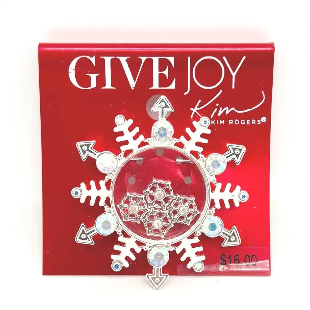 🔥 NEW Kim Rogers Give Joy Rhinestone Silver Tone Snowflake Brooch Pin