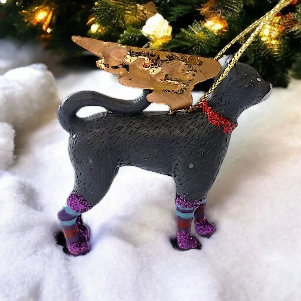 Vtg Black Cat Angel Ornament Gold Wings Purple Glitter Legs Christmas‎ Halloween