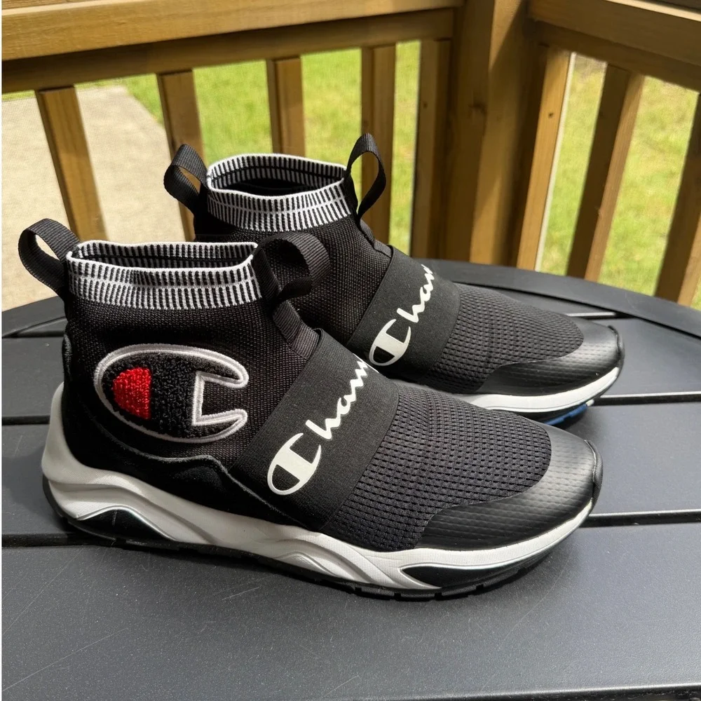 Champion Rally Pro Mens Black White Sock Sneakers Slip On High Top Shoes Sz11
