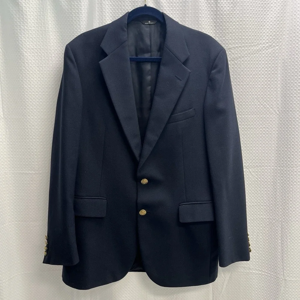 Vtg Ralph Lauren Chaps Blue Wool Blazer Gold Buttons 44R Preppy Country Club