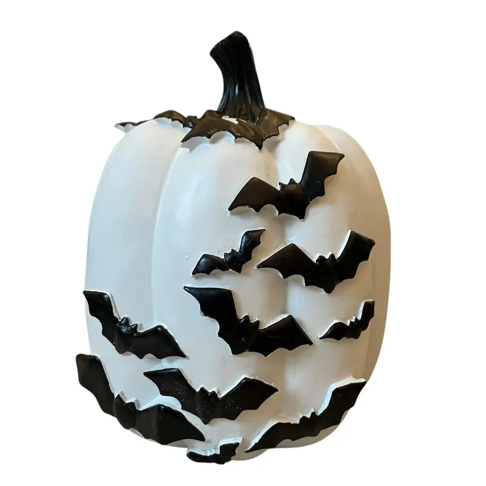 Black Flying Bats White Resin Pumpkin 12in Hauntingly Chic Halloween Decor NEW