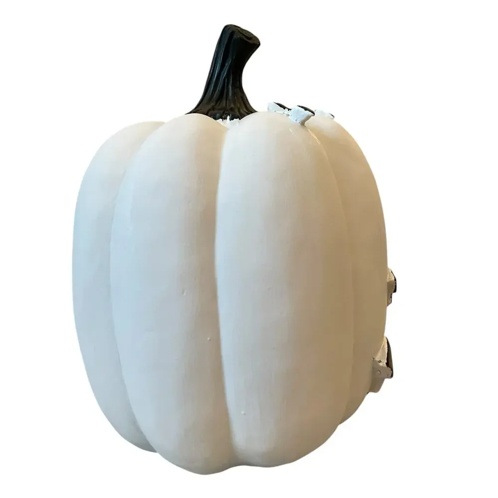 Black Flying Bats White Resin Pumpkin 12in Hauntingly Chic Halloween Decor NEW