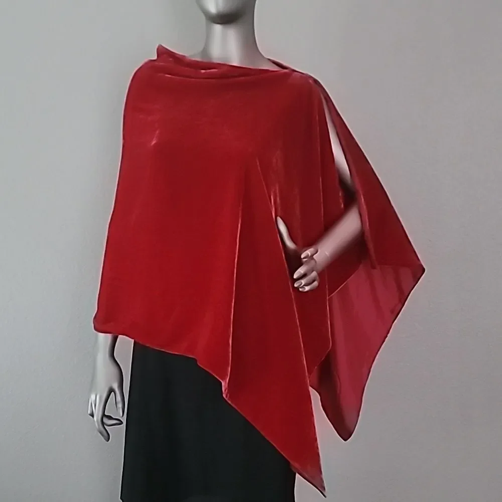 Eileen Fisher Velvet/Silk Poncho In Red Scarlet One Size