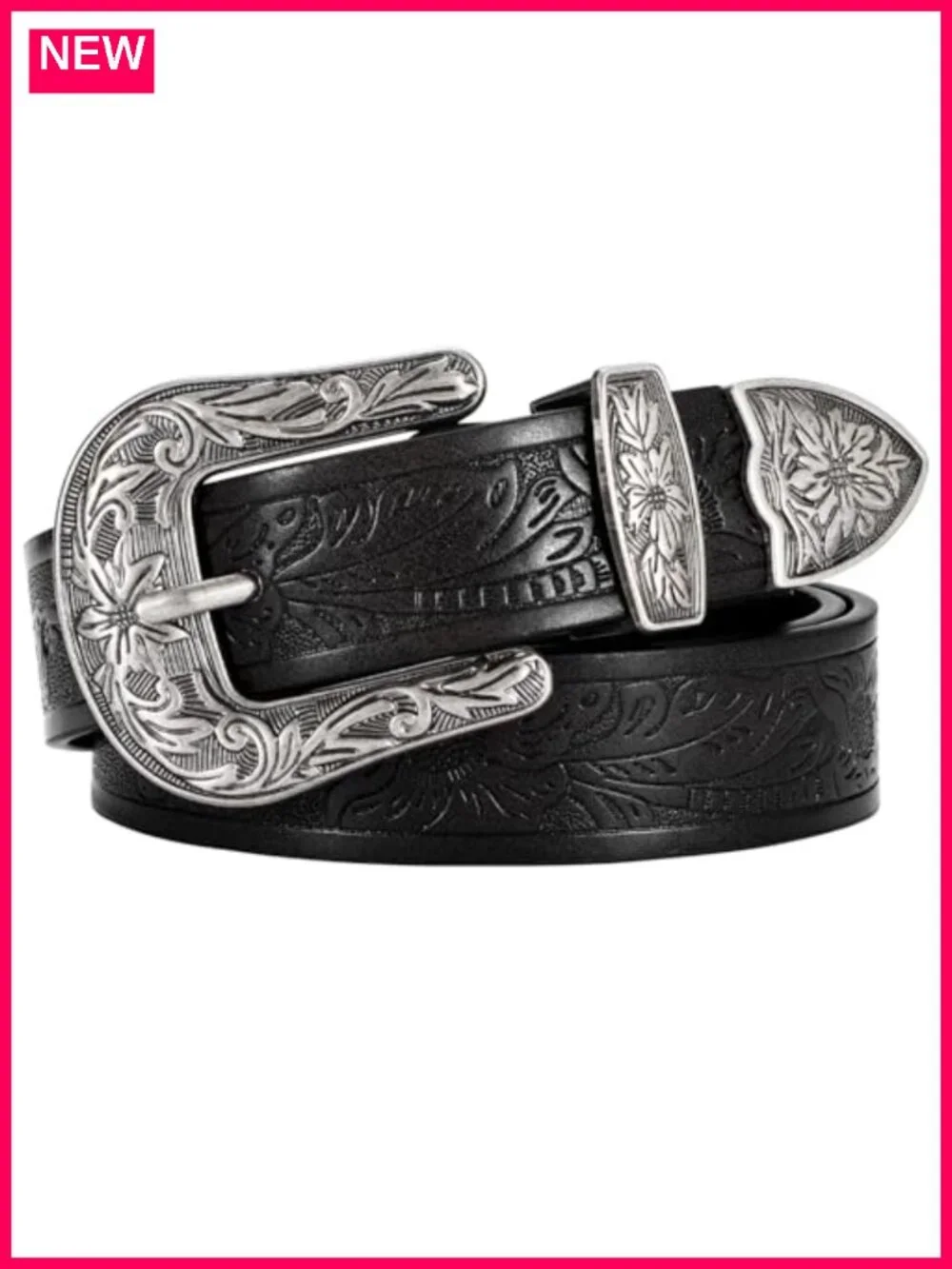 Vintage Floral Carved PU Leather Western Belt for Women Cowgirl
