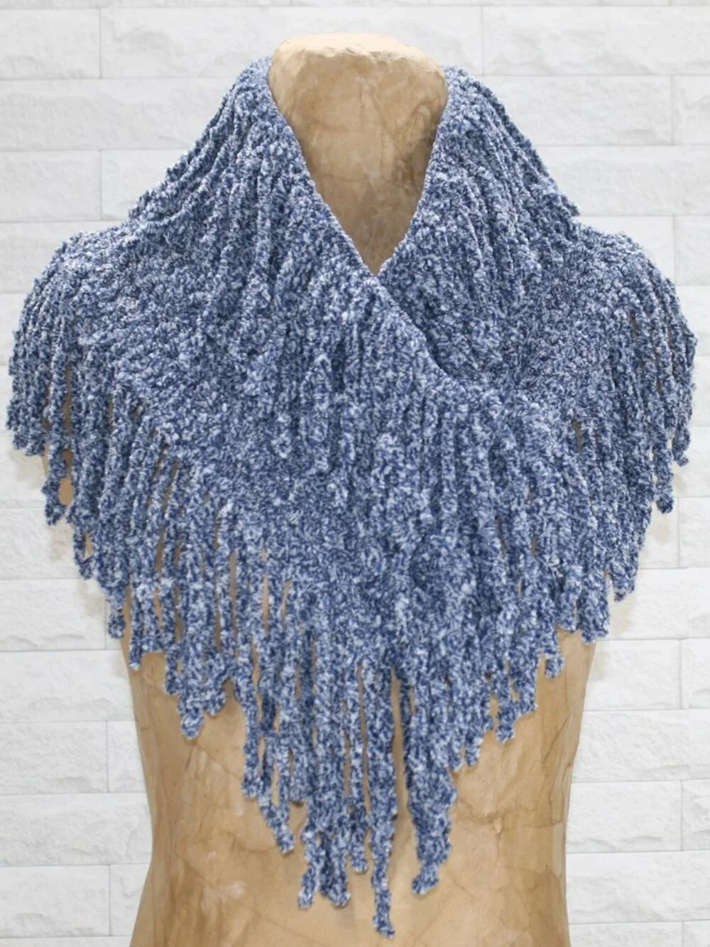 HAND CRAFTED Scarf Infinity Chenille Shawl Turtleneck Fringe Oversized Blue