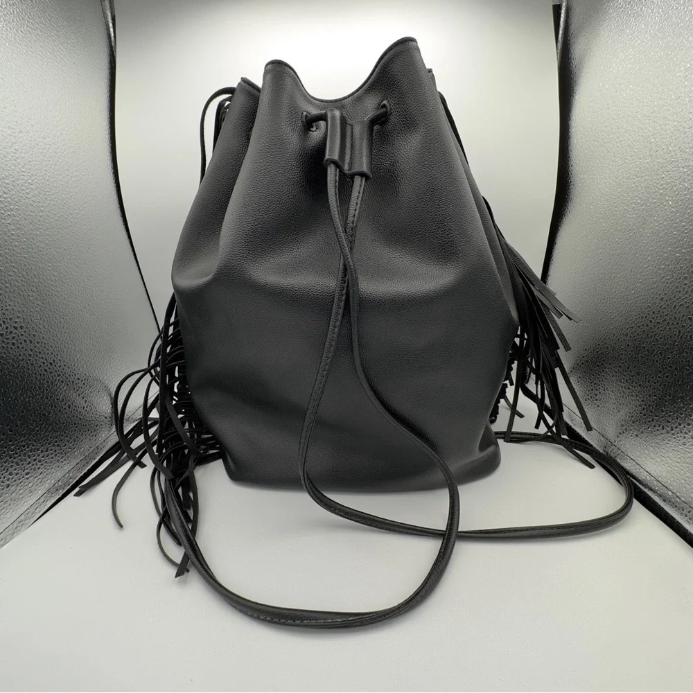 Victoria's Secret Black Faux Leather Shoulder Bucket Bag Fringe Backpack Tote