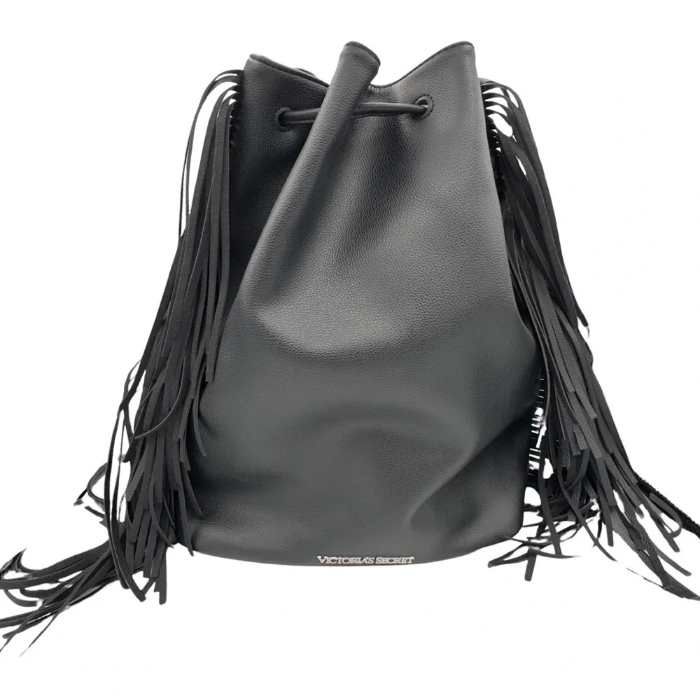 Victoria's Secret Black Faux Leather Shoulder Bucket Bag Fringe Backpack Tote