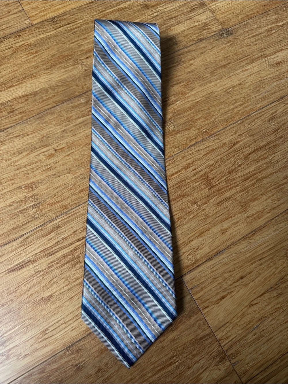 (10t) Courage Hand Sewn Neckwear 100% Silk Handmade Brown Blue Diag Stripe tie