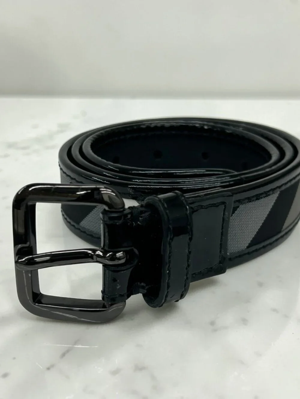 Burberry Black Beat Check and Patent Leather Belt, Size US 32