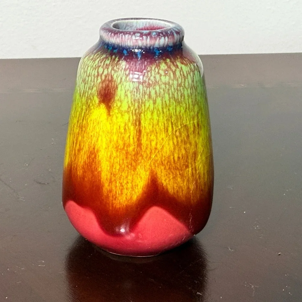 Vintage Drip Glaze Ceramic Bud Vase Rainbow Studio Art Pottery Boho Decor