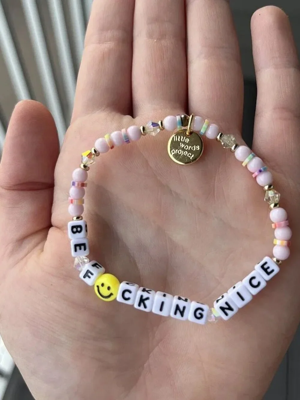 Little Words Project Be F*cking Nice Bracelet Pink Beaded Stretch Retired Color