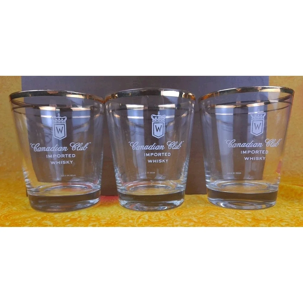 Set Of 3‎ Canadian Club Whisky Low Ball Gold Rim Rock Glasses - 4.25