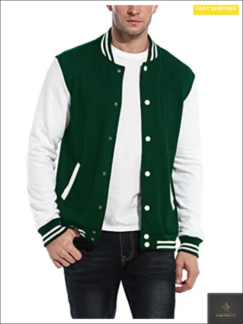 Slim Fit Cotton Varsity Jacket with Snap Closure