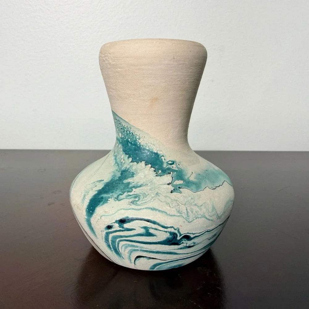 Vintage Nemadji Pottery Vase Indian River Swirl Handmade USA Aqua Marble 4