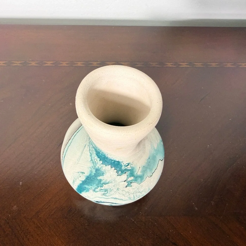 Vintage Nemadji Pottery Vase Indian River Swirl Handmade USA Aqua Marble 4