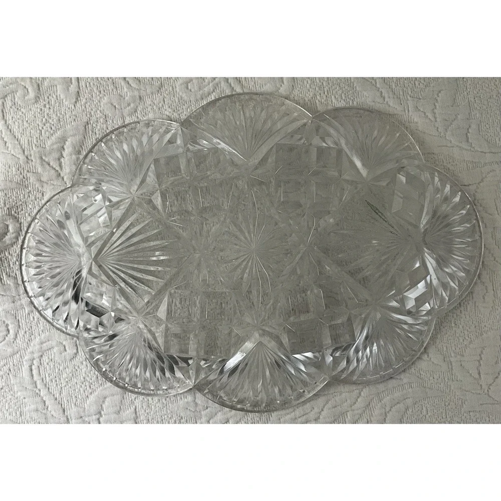 Vintage Pressed Maganese Glass‎ Platter Plate Fan Starburst Cane 14X8.5 EAPG