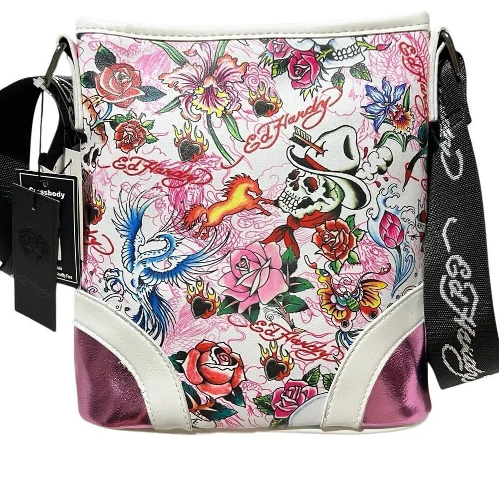 New Retro Y2K Ed Hardy Pink Metallic white tattoo print crossbody Skull Charms