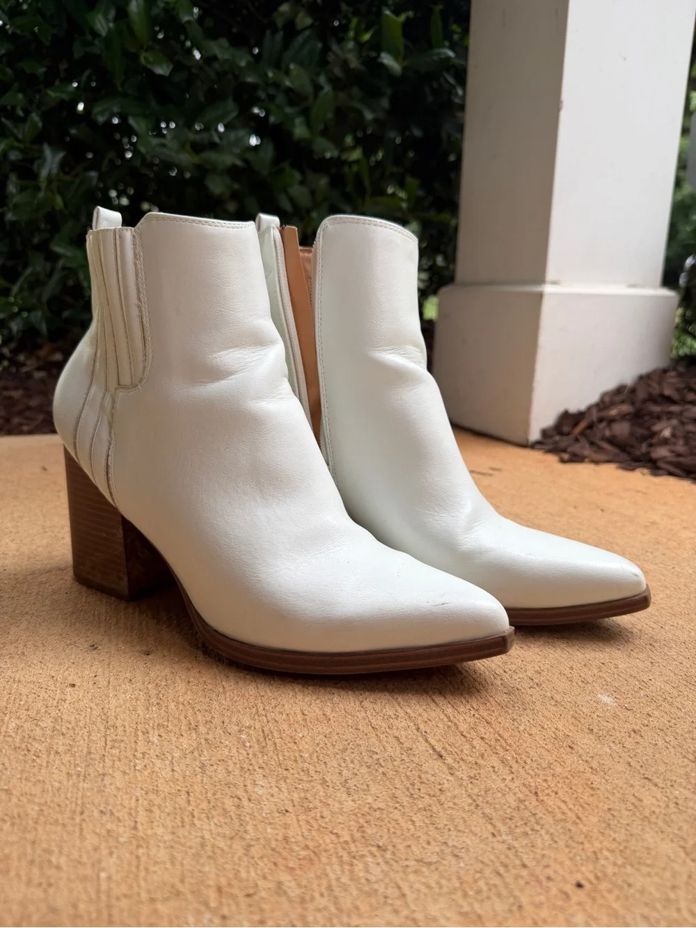 Indigo White Leather Ankle Booties with Stacked Brown Block Heel
