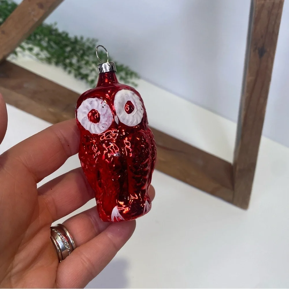 Vintage Red Hand Blown Glass Owl Ornament Made in Czechoslovakia Big White Eyes