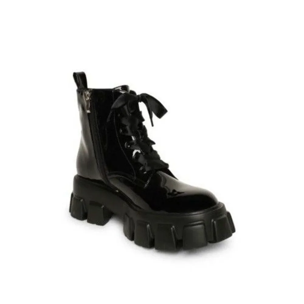 SMASH Womens 14 M Black Patent Nia Ribbon Laced Platform Booties NIB RZ6