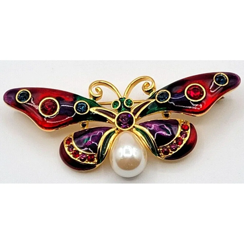 JOAN RIVERS COLORFUL CRYSTAL RHINESTONE FAUX PEARL RED BUTTERFLY BROOCH‎ PIN