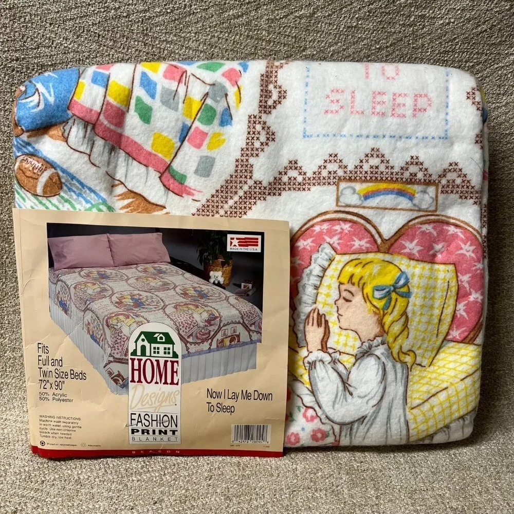 Vtg.Home Designs Blanket Now I Lay Me Down To Sleep Fits Full 72x90