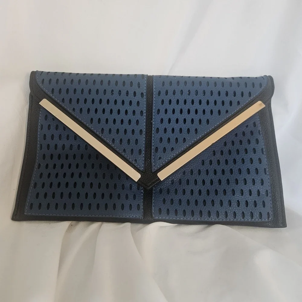 Blue Black Perforated FAUX leather Envelope Clutch