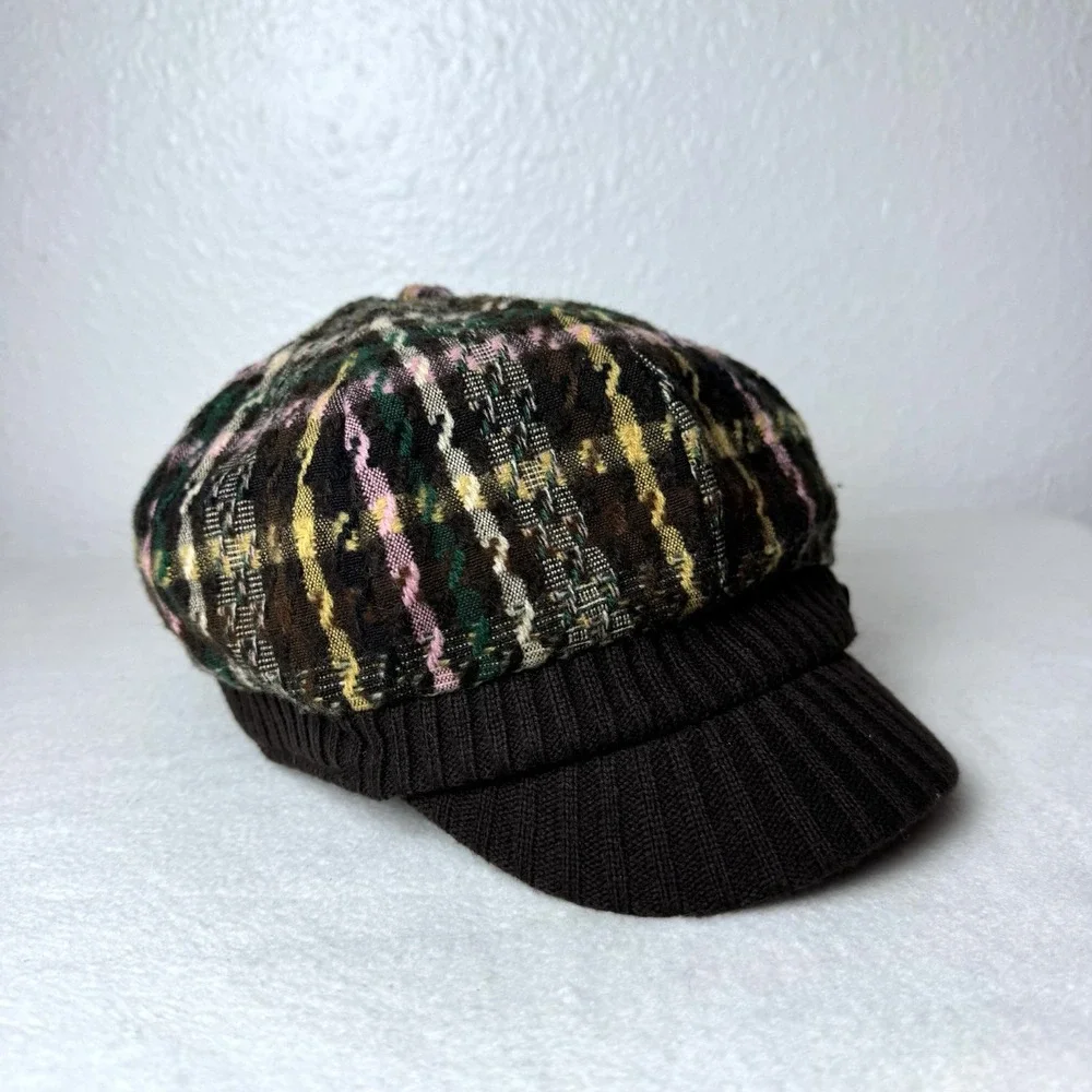 Manhattan Hat Company Newboy Hat Plaid Brown Pink Yellow Cabbie Cap Y2K