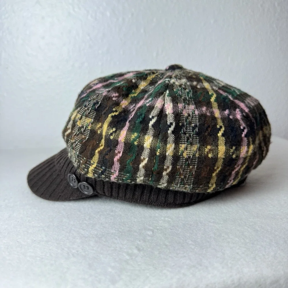 Manhattan Hat Company Newboy Hat Plaid Brown Pink Yellow Cabbie Cap Y2K