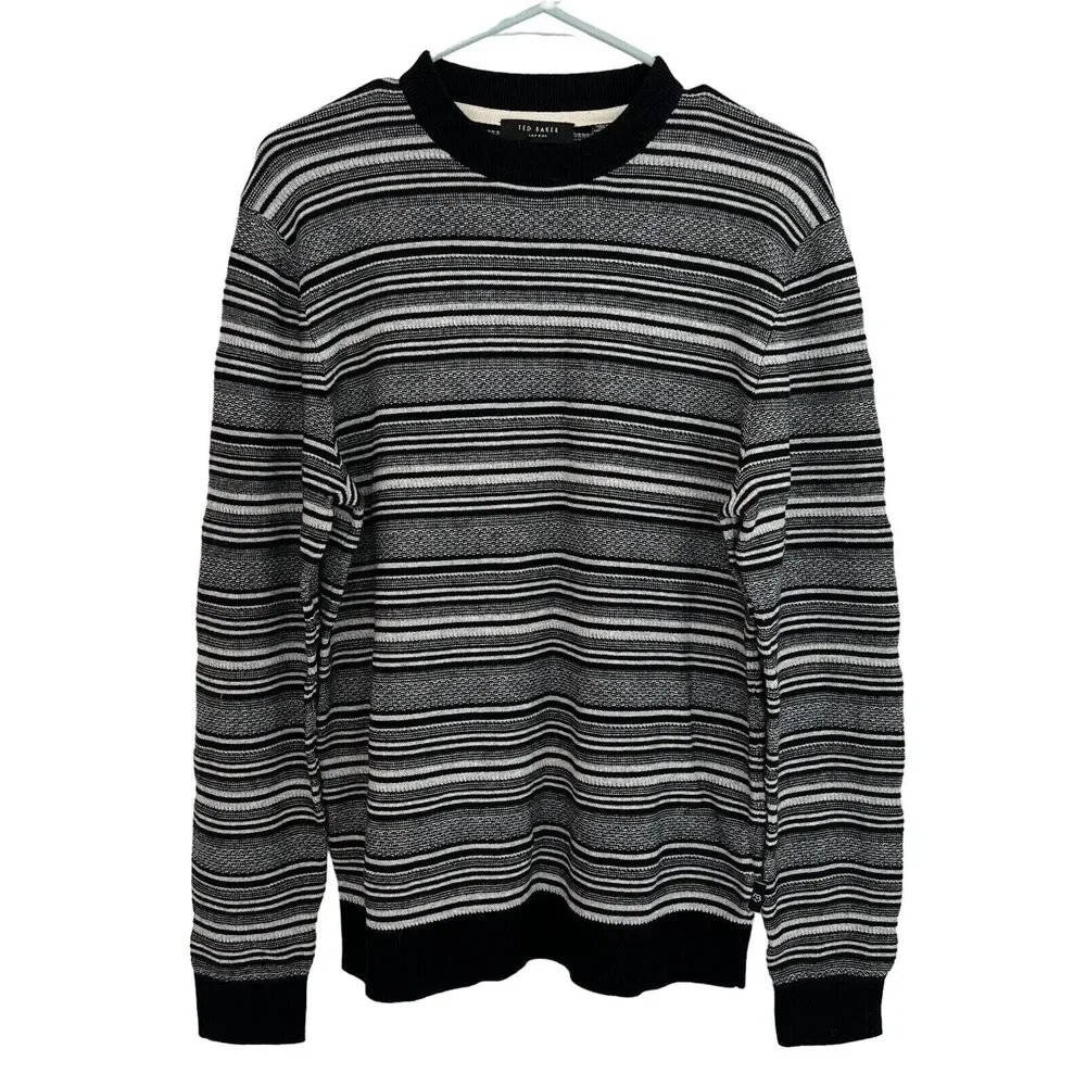 Ted Baker Sweater Mens US 36 Small Lowther LS Textured Stripe Black Gray White