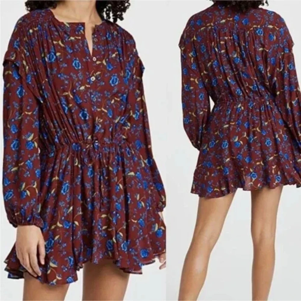 Free People Red Burgundy Flower Fields Mini Button Up Dress Womens Size Small