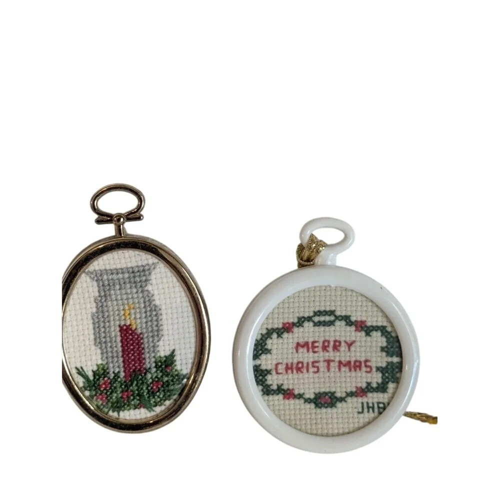 Vtg Cross‎ Stitch Christmas Ornaments 3.5 Holiday Decor Grannycore hoops candle