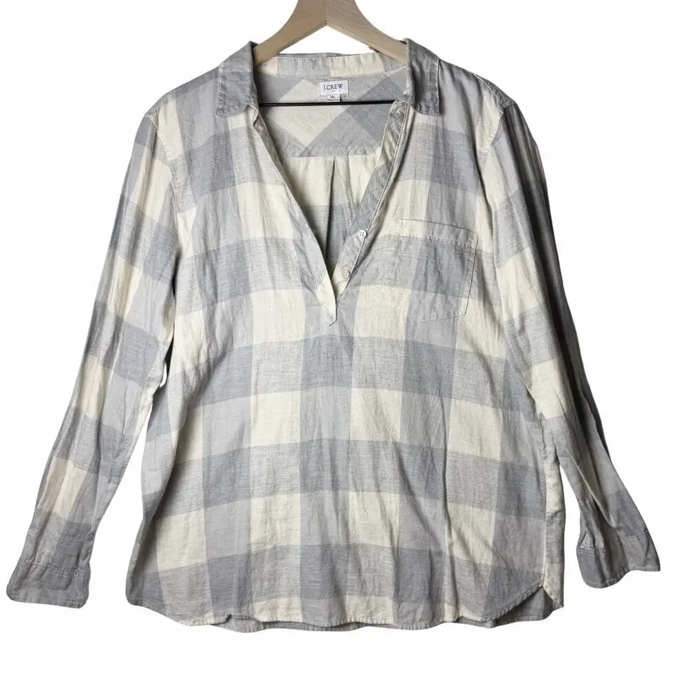 J. Crew Open V-Neck Gray Cream Plaid Flannel Popover Shirt Women’s Size XL