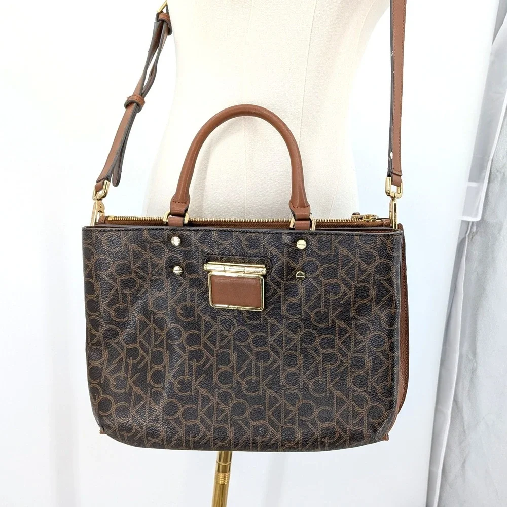 Calvin Klein Monogram Satchel Shoulder Bag Brown‎ Logo Crossbody