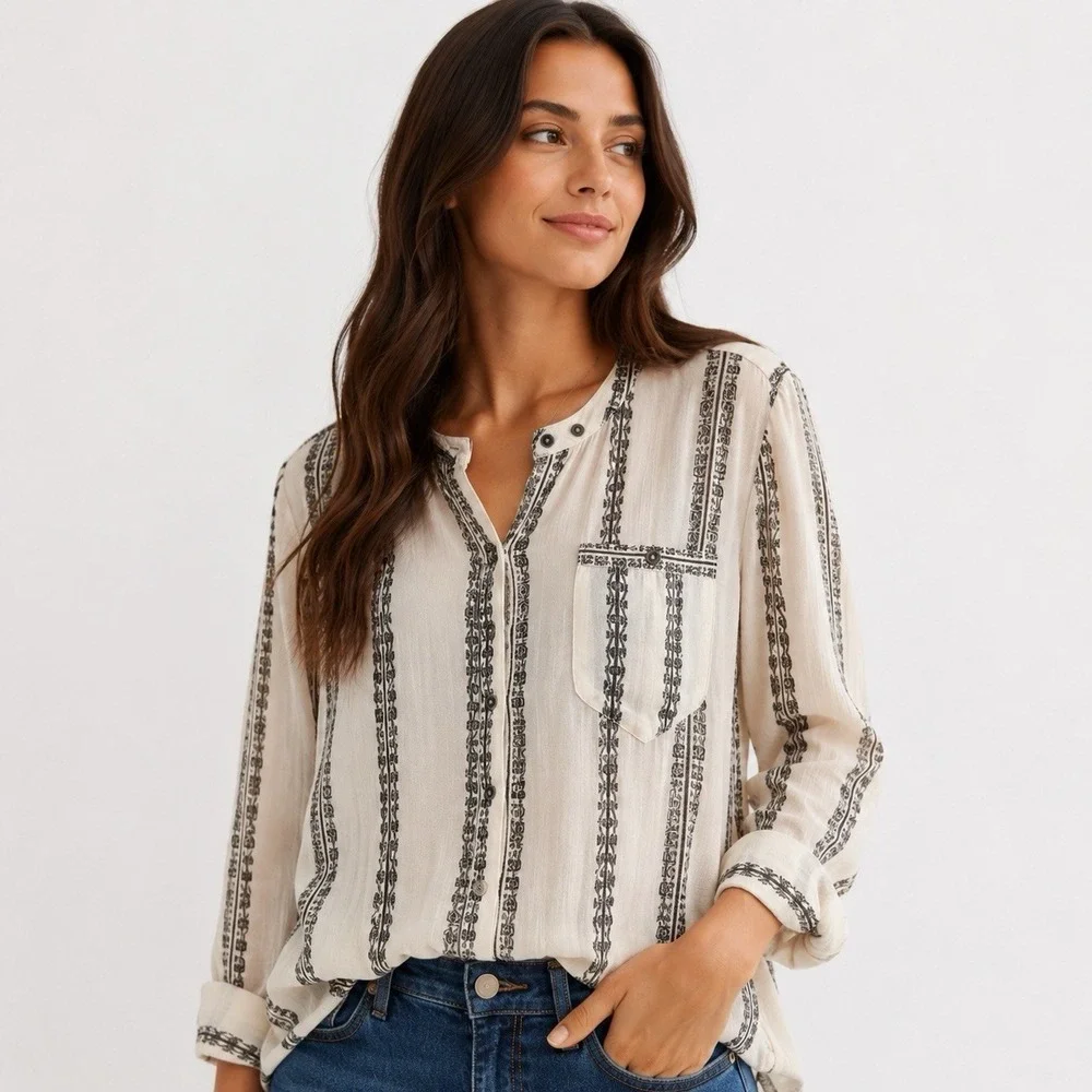 Free People Women's Tunic Shibori Magic Long Sleeve Vanilla combo Boho Small