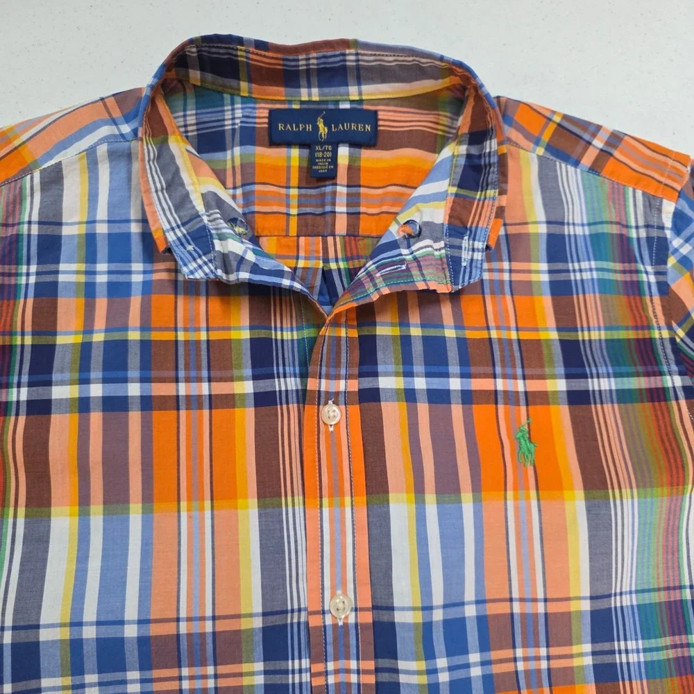 Ralph Lauren Boys XL 18-20 Orange Blue Plaid Long Sleeve Button Down Shirt Pony