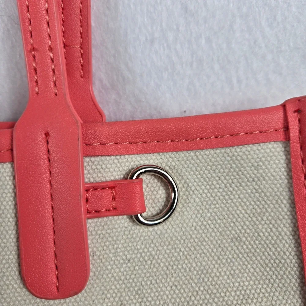 Steve Madden Canvas Tote Bag Womens Small Cream Pink Logo Casual (S10)