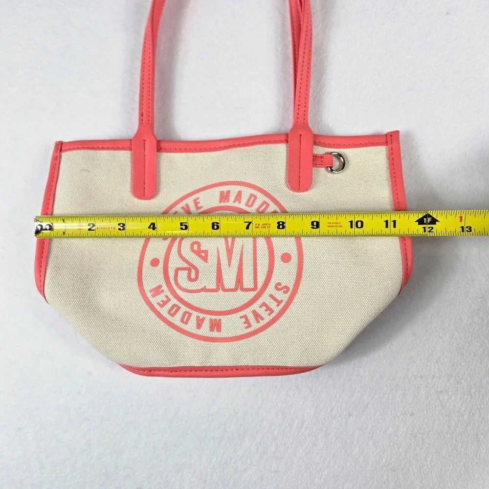 Steve Madden Canvas Tote Bag Womens Small Cream Pink Logo Casual (S10)