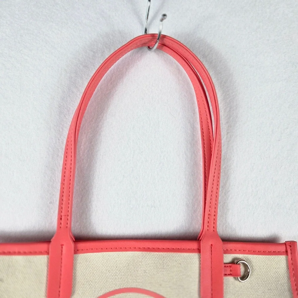 Steve Madden Canvas Tote Bag Womens Small Cream Pink Logo Casual (S10)