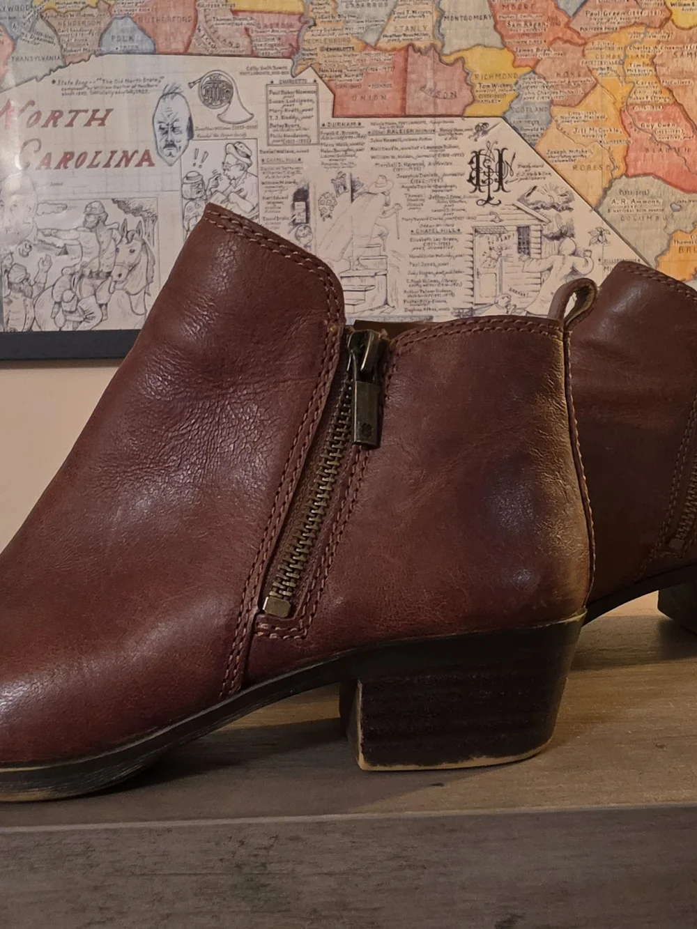 Lucky Brand Two-Tone Brown Leather Ankle Booties with Side Zip