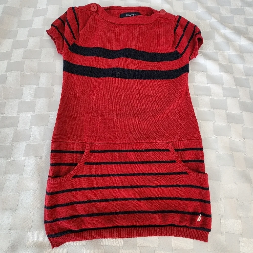 Nautica  Red & Blue Striped Sweater  With Pockets Girls Dress Size 3T