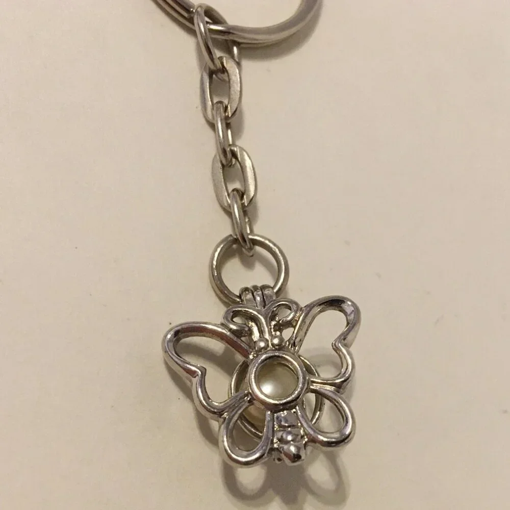 Butterfly Key Chain Silver Tone Metal Cage White Pearl Stone 3D Ring Charm Fob