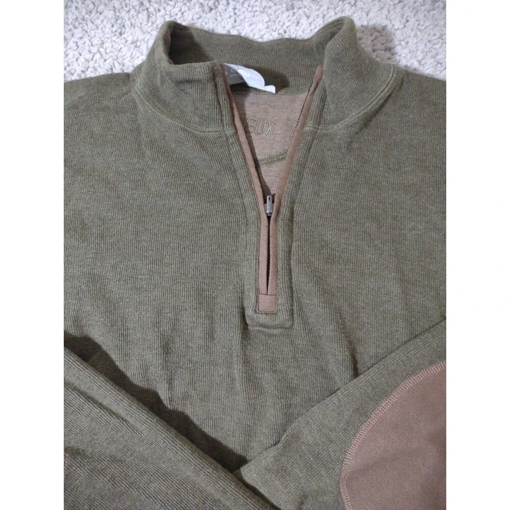 Cremieux Men’s Green Knit Sweater Xl Quarter Zip Long Sleeve Brown Elbow Patches